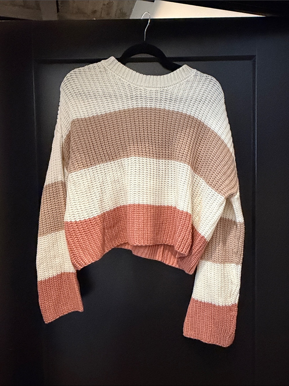 Womens Striped Chunky cropped Knit Sweater - Cream & Tan & Rust